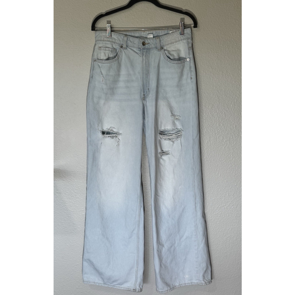 H&M Divided Jeans Women’s Light Wash Distressed Wide Leg 90’s Y2K High Rose SZ 8